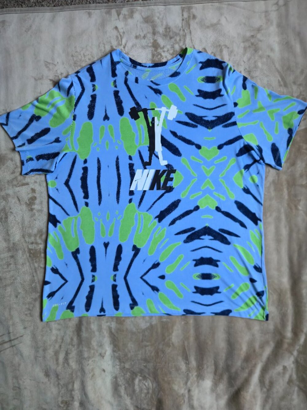 Nike Dri-FIT Weightlifter Barbell Tie-Dye Graphic T-Shirt Blue Green Men's XXL